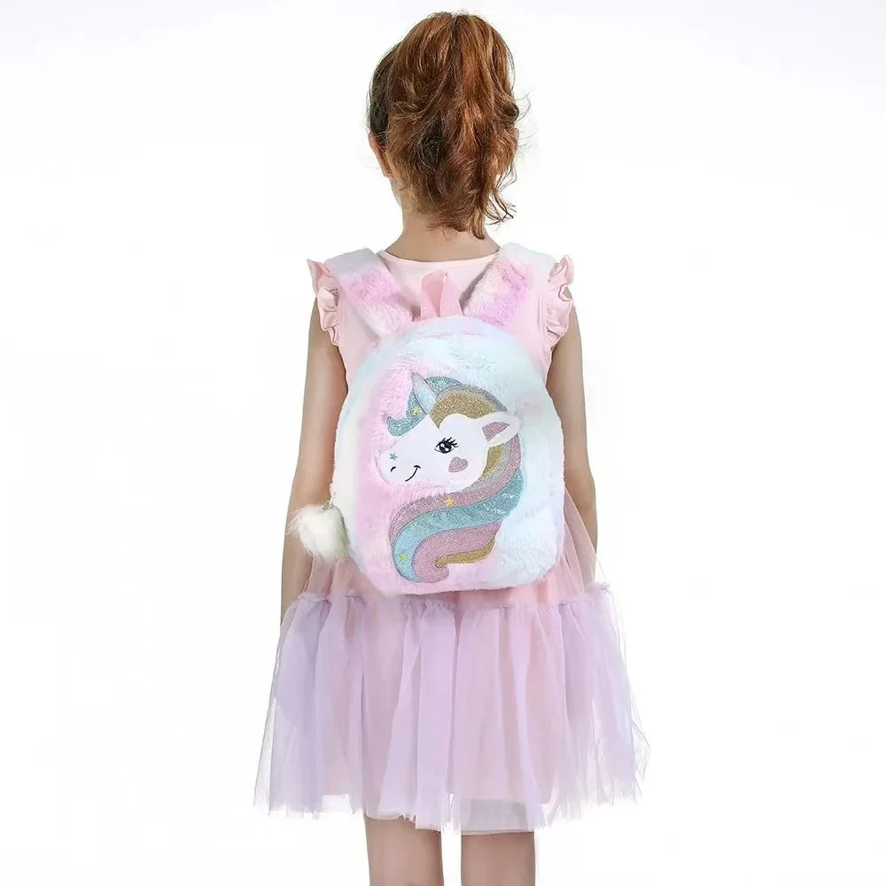 Kids Backpack Kids School Bag Fashion Large Capacity Children Girls Unicorn Plush Tie-Dye Bag Mochila