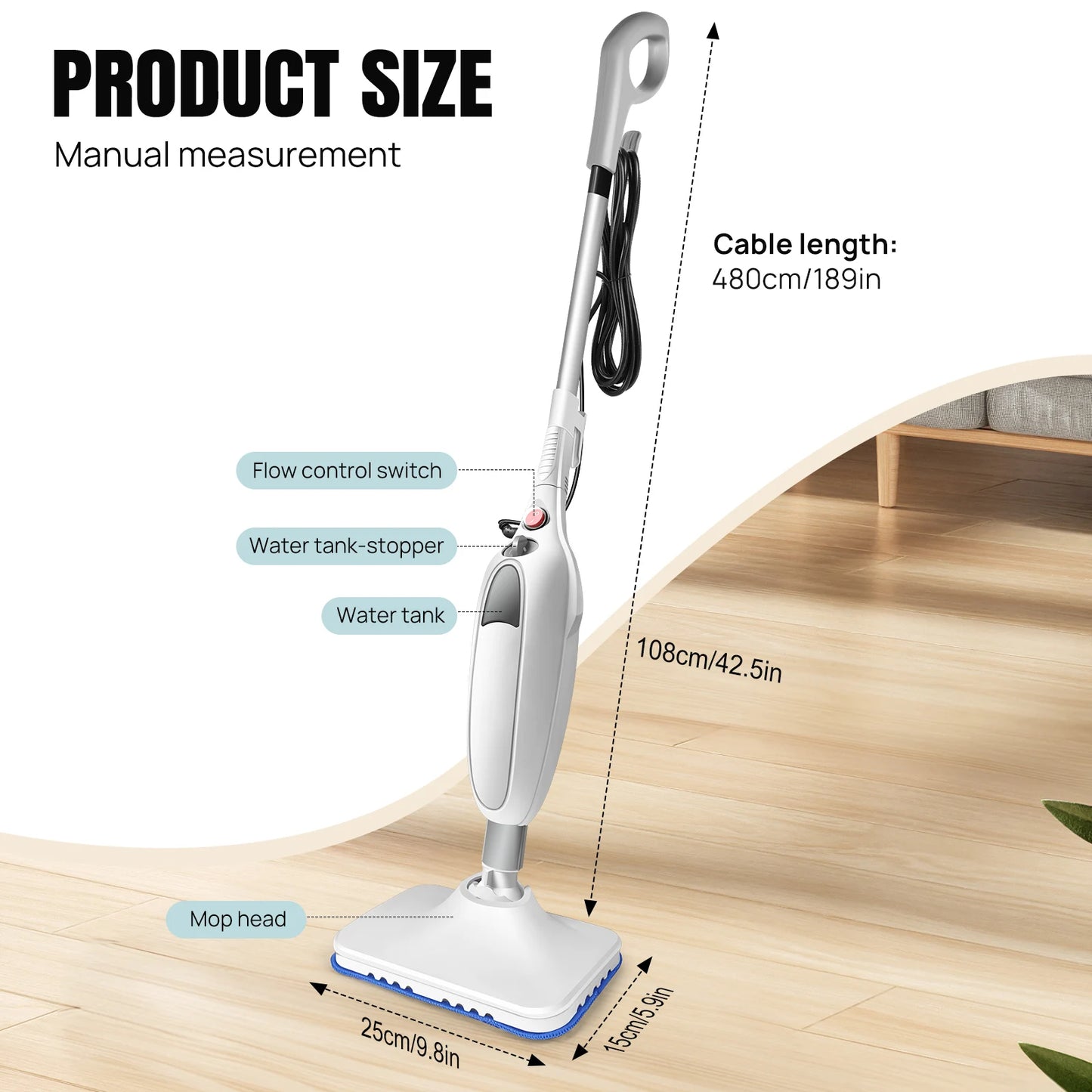 1500W Steam Mop & Detachable Steam Cleaner, Powerful Floor Steamer for Carpet Laminate Hardwood, 400ml,2 washable cloths