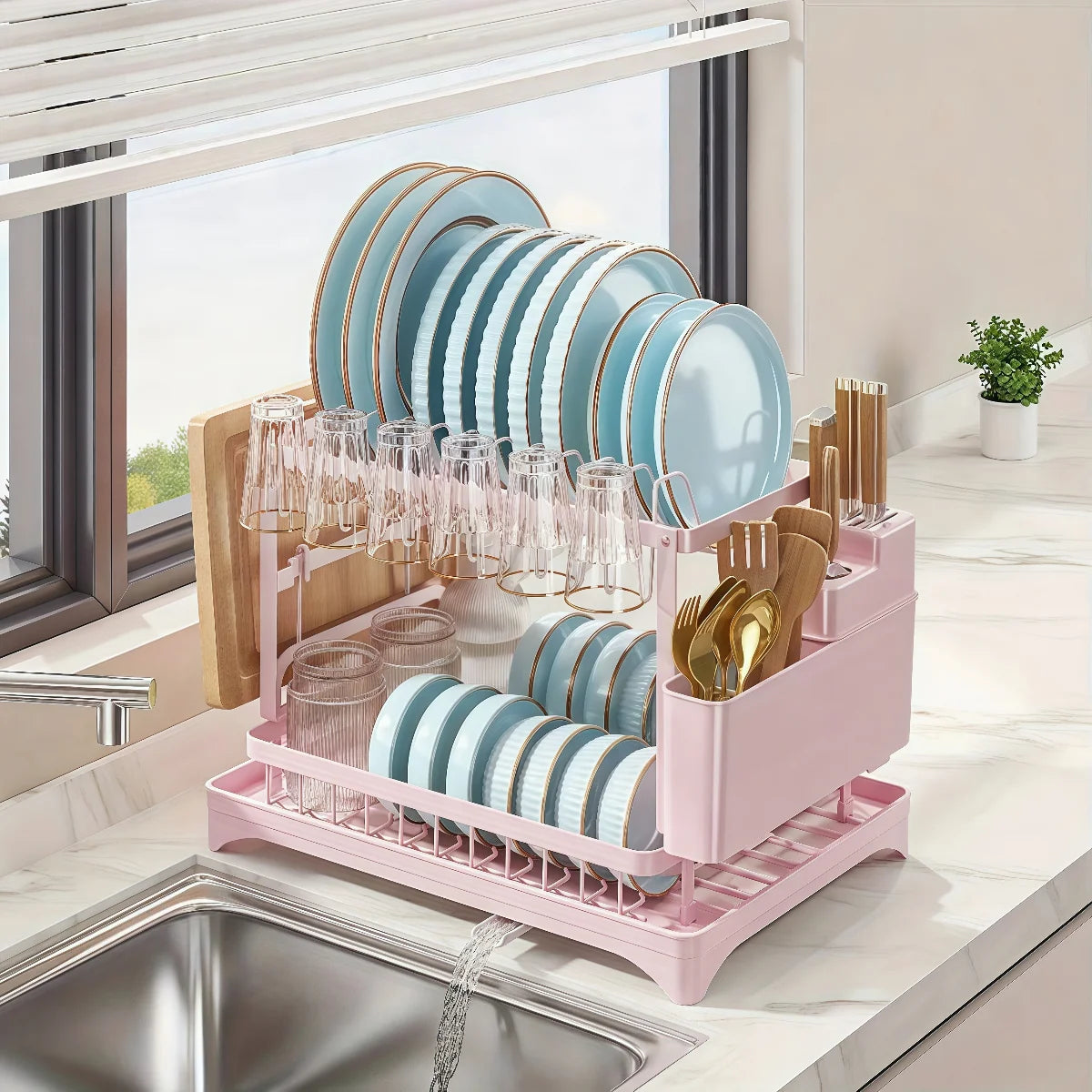 Dish Drying Rack, 2 Tier Dish Racks for Kitchen Counter, Large Drying Rack with Drainboard, Rustproof Dish Drainer Organizer