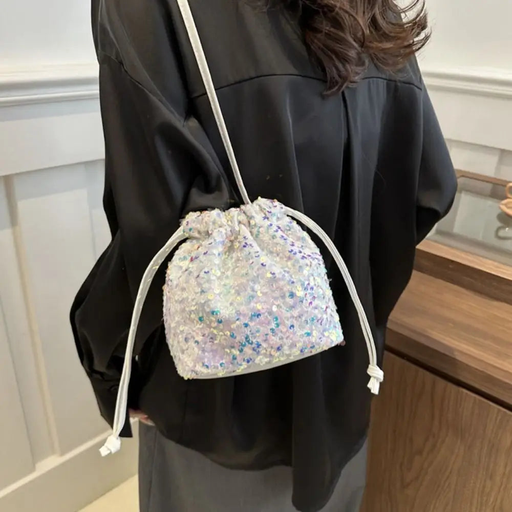 Sequin Shoulder Bag for Girls Shiny Drawstring Crossbody Bag Women Underarm Mini Bucket Bag Phone Purse