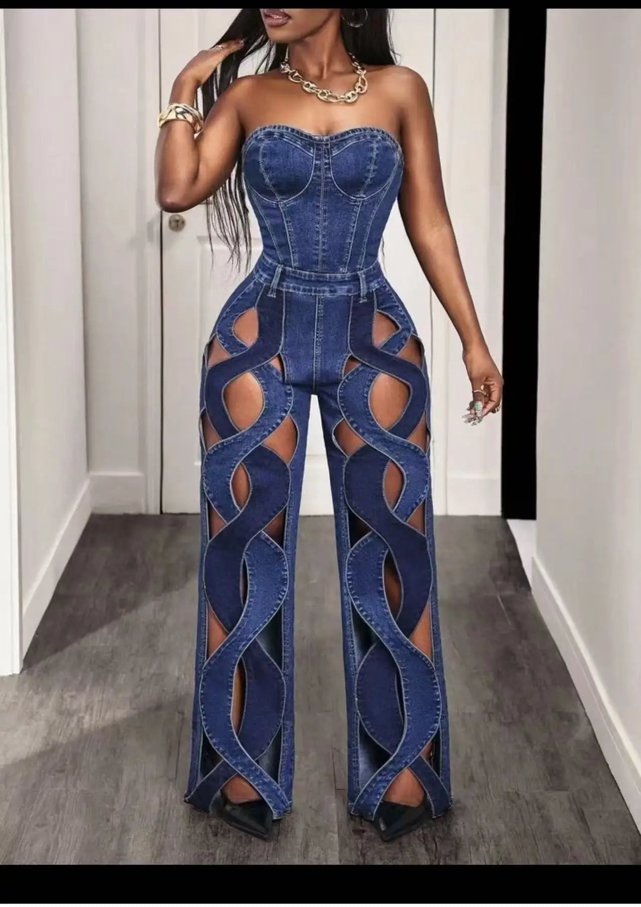 Women Streetwear Vintage Cutout Hollow Out Criss Cross Side Straight Wide Leg Blue Denim Pants 2025 Fashion High Waist Sexy Part