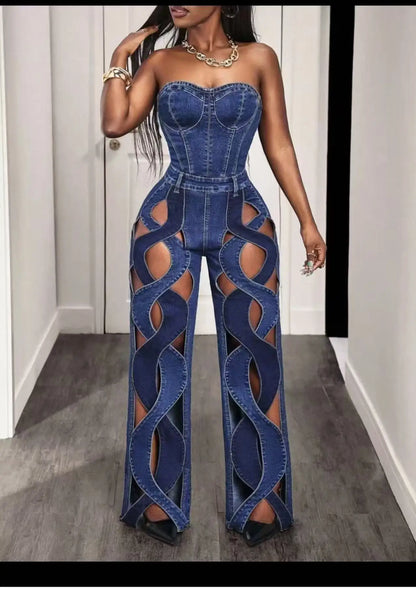 Women Streetwear Vintage Cutout Hollow Out Criss Cross Side Straight Wide Leg Blue Denim Pants 2025 Fashion High Waist Sexy Part
