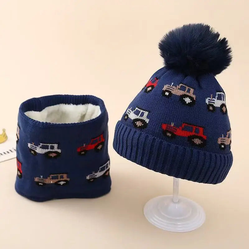 Kids Knit Hat & Scarf Set - Car Pattern Earflap Winter Cap, Warm Baby Beanie & Scarf Combo Baby Accessories
