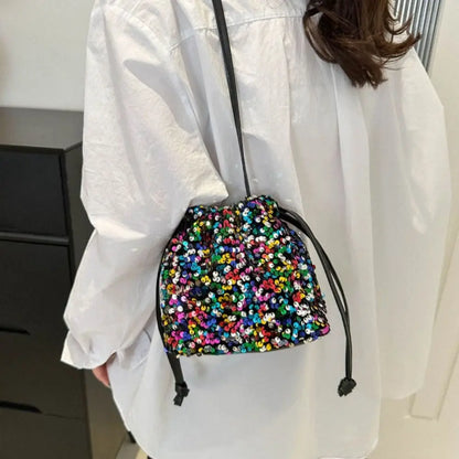 Sequin Shoulder Bag for Girls Shiny Drawstring Crossbody Bag Women Underarm Mini Bucket Bag Phone Purse