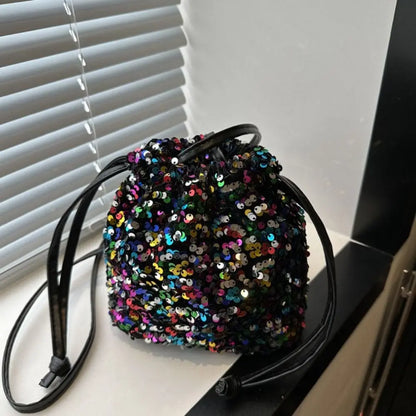 Sequin Shoulder Bag for Girls Shiny Drawstring Crossbody Bag Women Underarm Mini Bucket Bag Phone Purse