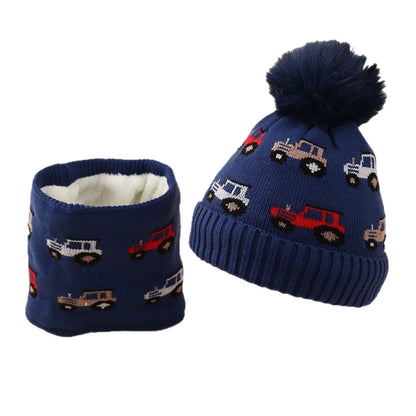 Kids Knit Hat & Scarf Set - Car Pattern Earflap Winter Cap, Warm Baby Beanie & Scarf Combo Baby Accessories