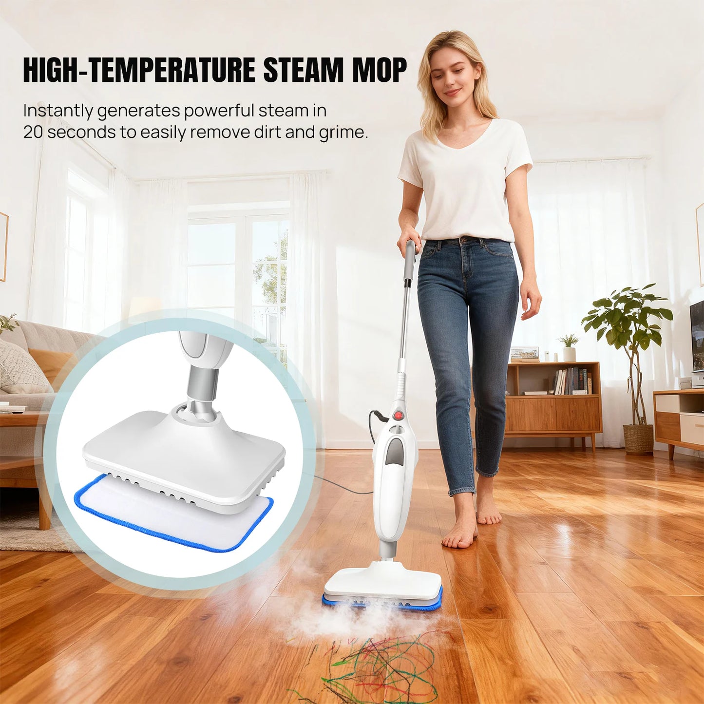 1500W Steam Mop & Detachable Steam Cleaner, Powerful Floor Steamer for Carpet Laminate Hardwood, 400ml,2 washable cloths