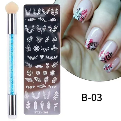 Nail Stamping Plates Set Silicone Stamper Brush Nail Art Stamp Polish Transfer Stencils Flower Geometry Template Tools Maniucre