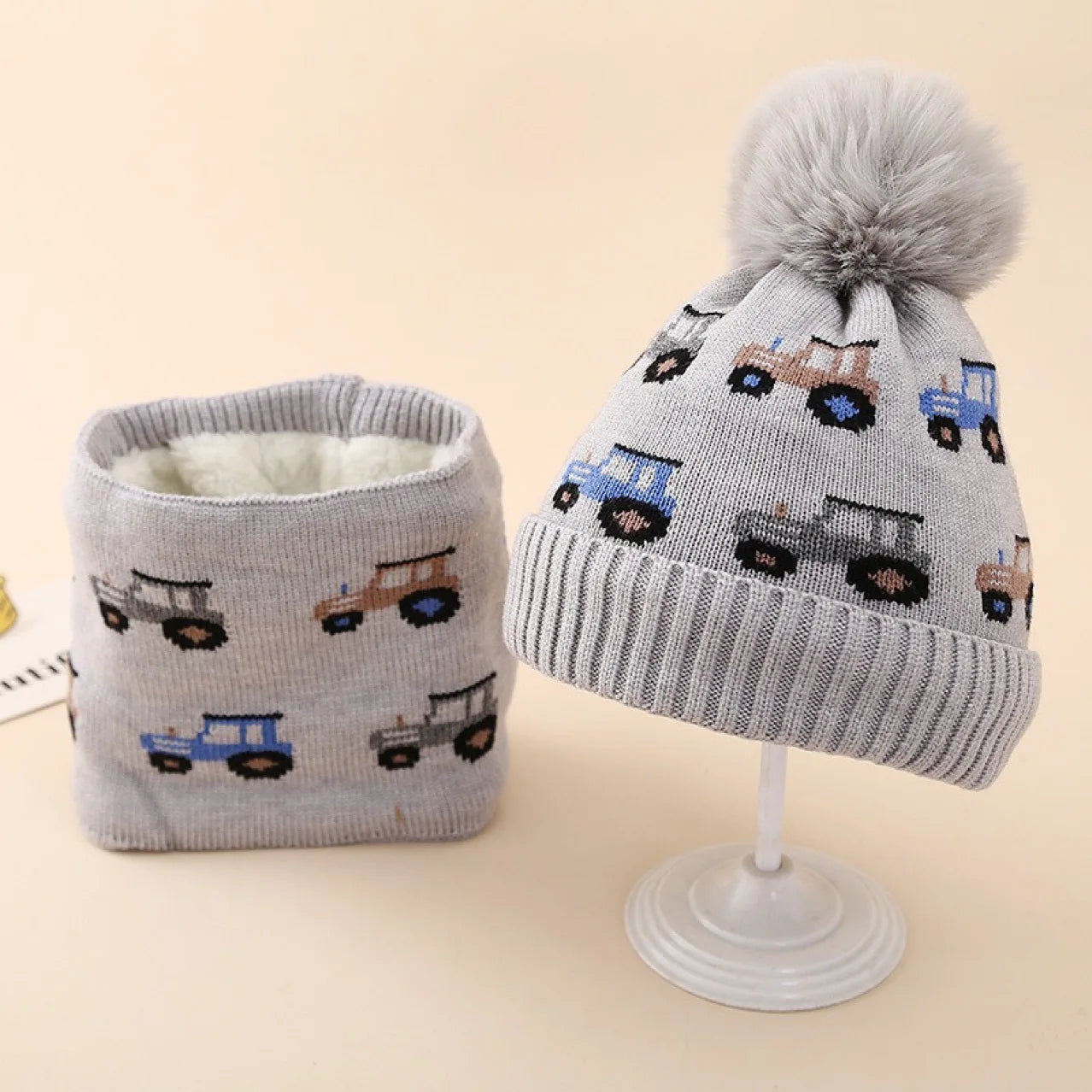 Kids Knit Hat & Scarf Set - Car Pattern Earflap Winter Cap, Warm Baby Beanie & Scarf Combo Baby Accessories