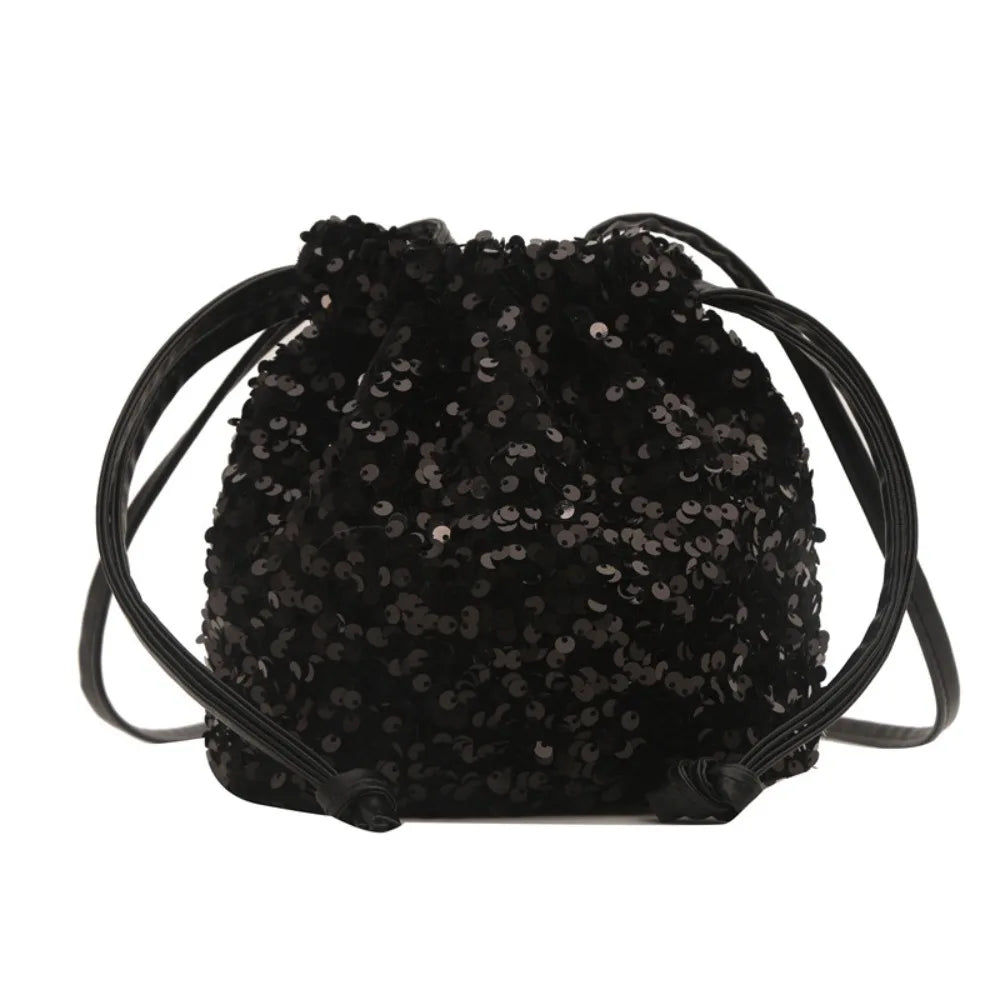 Sequin Shoulder Bag for Girls Shiny Drawstring Crossbody Bag Women Underarm Mini Bucket Bag Phone Purse