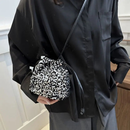Sequin Shoulder Bag for Girls Shiny Drawstring Crossbody Bag Women Underarm Mini Bucket Bag Phone Purse