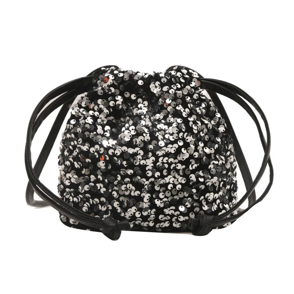 Sequin Shoulder Bag for Girls Shiny Drawstring Crossbody Bag Women Underarm Mini Bucket Bag Phone Purse