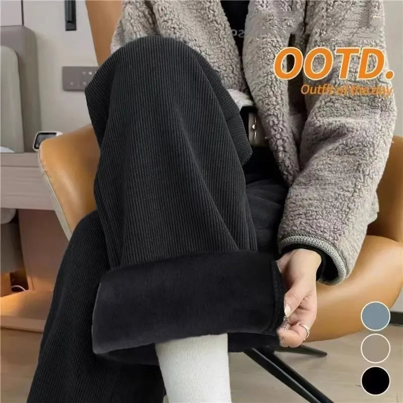 Lamb Velvet Thickened Corduroy Wide Leg Pants Women's Casual Trousers Autumn Winter Fashion plus Size Slimming Polyester Fiber