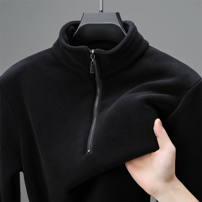 2025 New Men's Fleece Lined Zip up Hoodie Thickened Long Sleeve Thermal T-Shirt High Neck Zipper Design Casual Streetwear