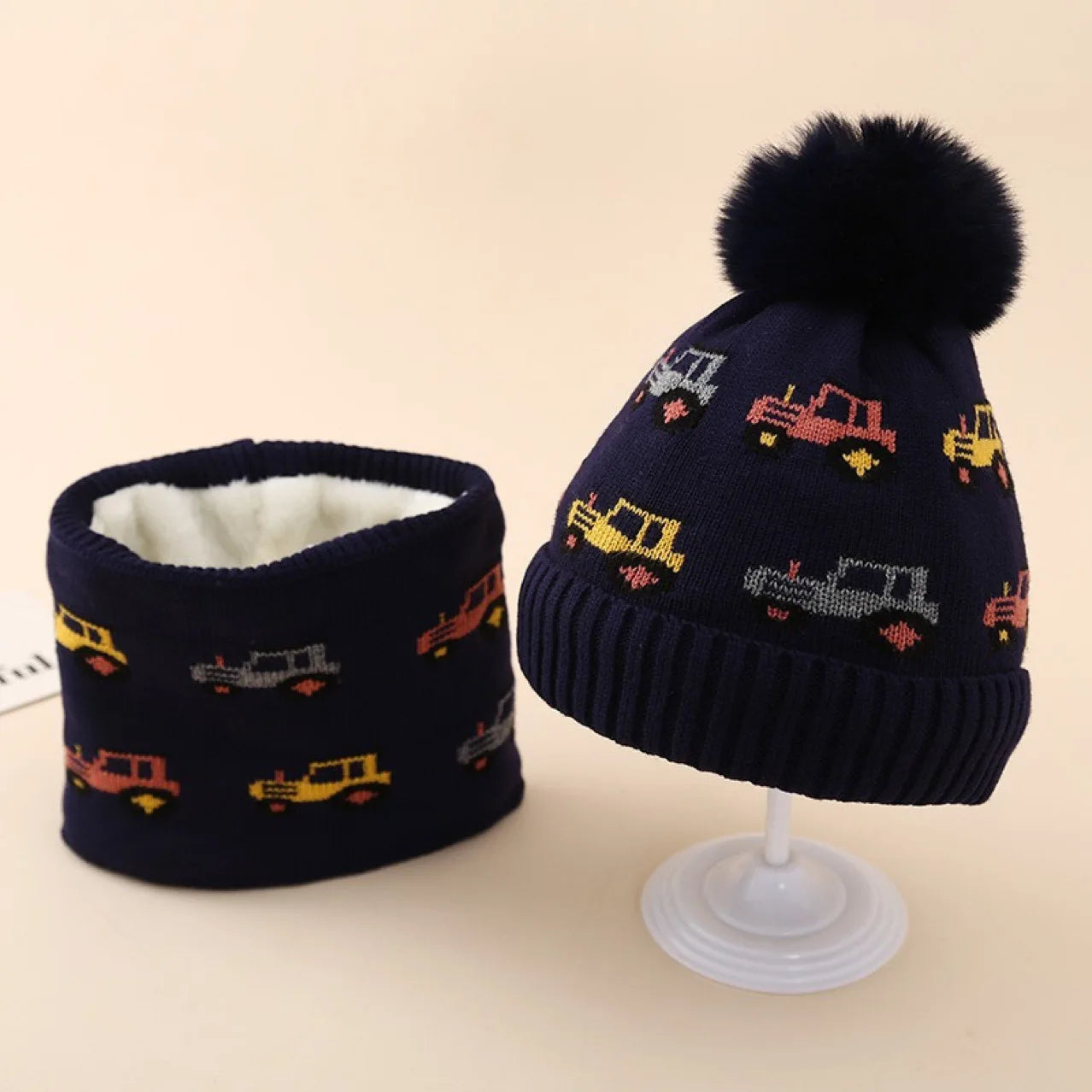 Kids Knit Hat & Scarf Set - Car Pattern Earflap Winter Cap, Warm Baby Beanie & Scarf Combo Baby Accessories