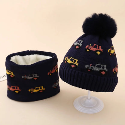 Kids Knit Hat & Scarf Set - Car Pattern Earflap Winter Cap, Warm Baby Beanie & Scarf Combo Baby Accessories