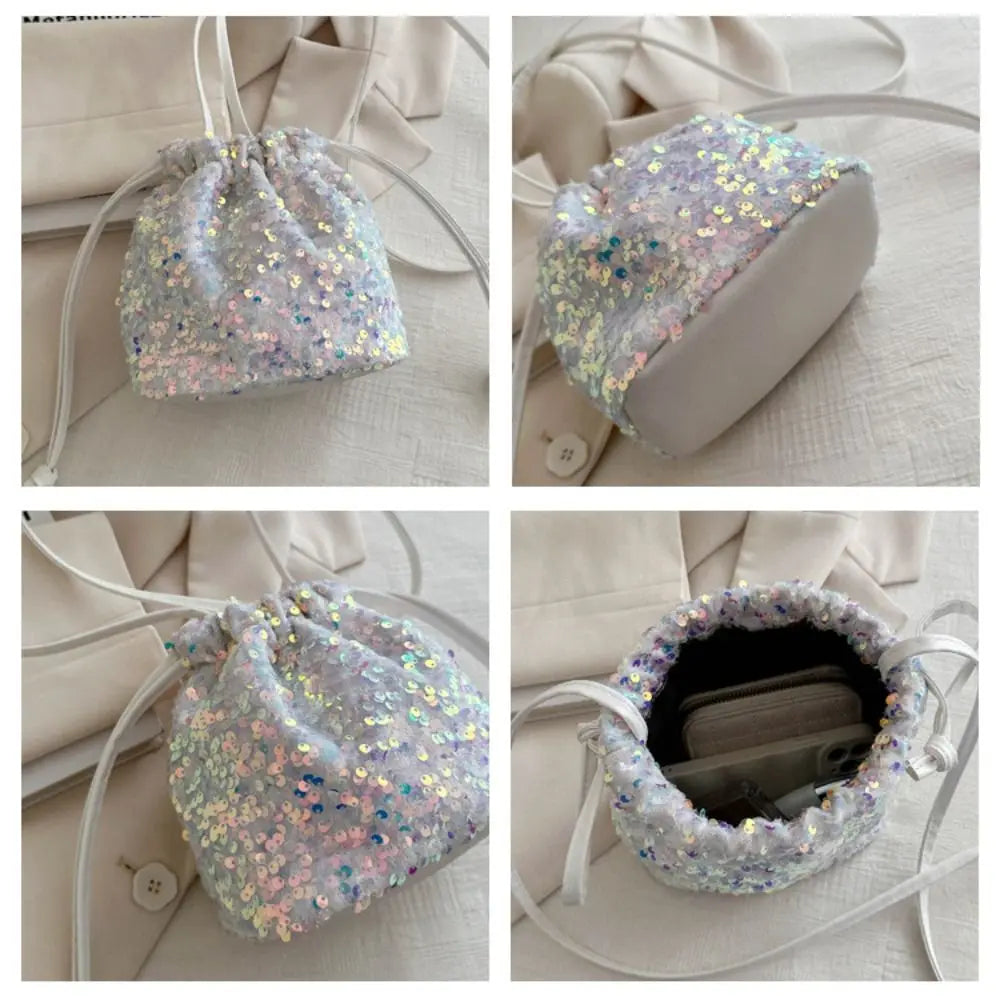 Sequin Shoulder Bag for Girls Shiny Drawstring Crossbody Bag Women Underarm Mini Bucket Bag Phone Purse