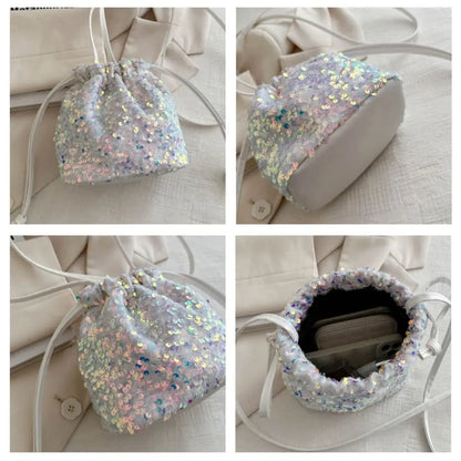 Sequin Shoulder Bag for Girls Shiny Drawstring Crossbody Bag Women Underarm Mini Bucket Bag Phone Purse