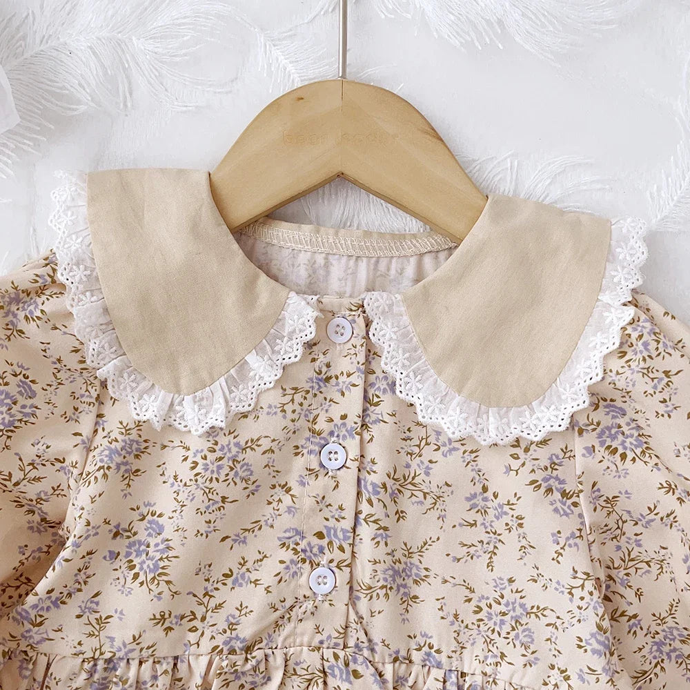 Baby Girls Flower Dresses 3-7 Years Spring Autumn Flower Dresses Lace Turn-down Floral Girl Princess Dress