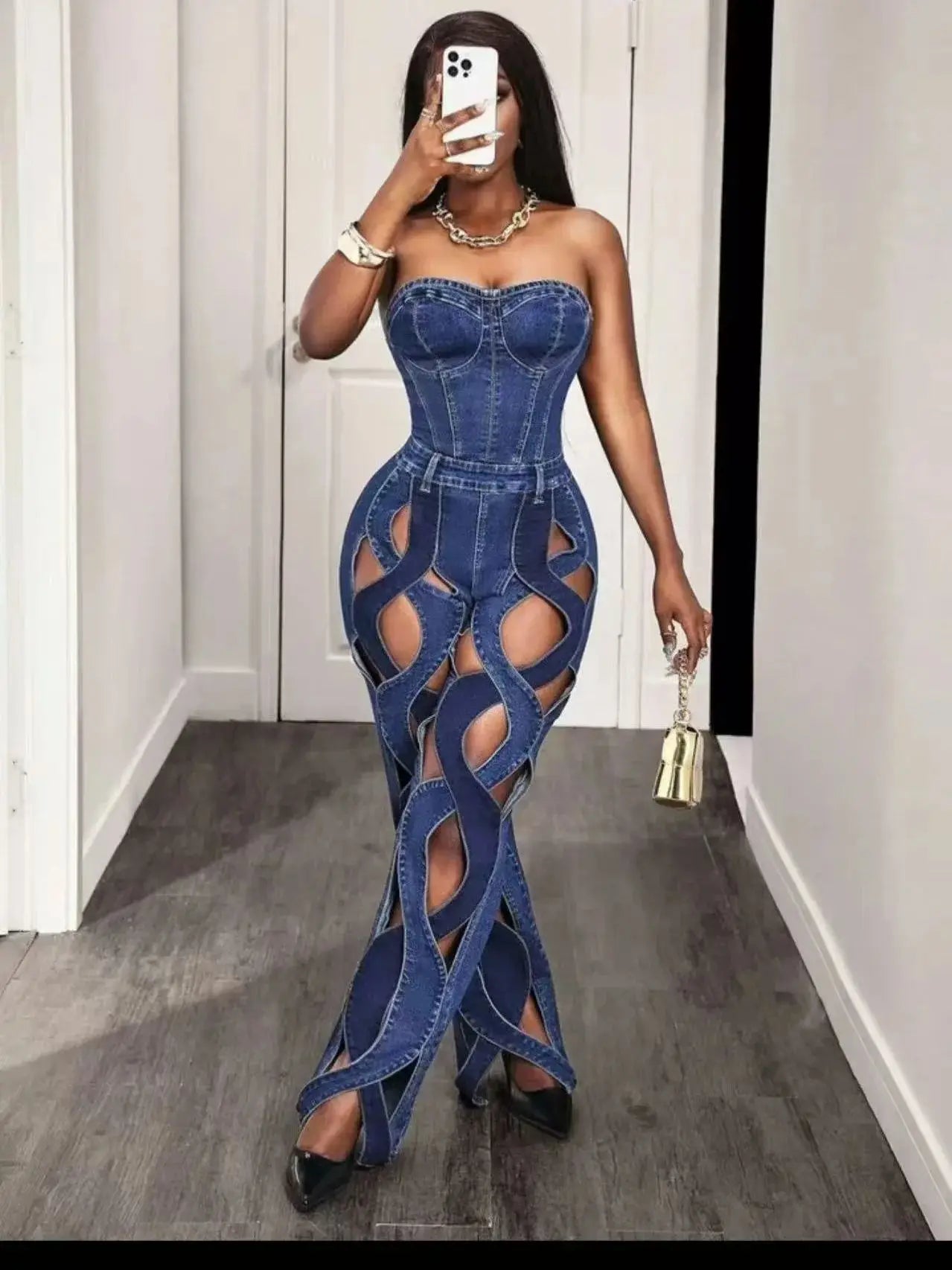 Women Streetwear Vintage Cutout Hollow Out Criss Cross Side Straight Wide Leg Blue Denim Pants 2025 Fashion High Waist Sexy Part