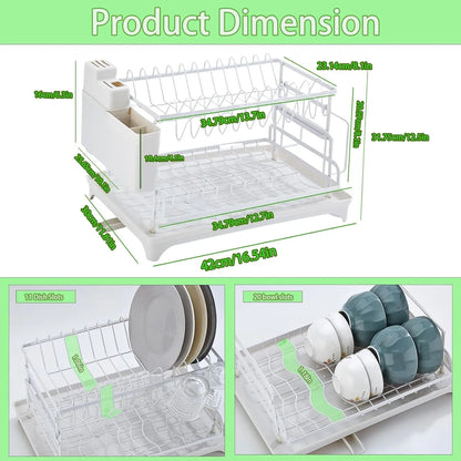 Dish Drying Rack, 2 Tier Dish Racks for Kitchen Counter, Large Drying Rack with Drainboard, Rustproof Dish Drainer Organizer