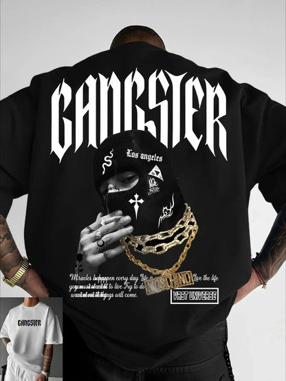 Men'S Oversized Gangster Graphic T-Shirt - Streetwear Hooded Mask Design with Gangster Lettering & West Coast Lettering