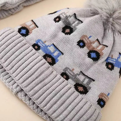 Kids Knit Hat & Scarf Set - Car Pattern Earflap Winter Cap, Warm Baby Beanie & Scarf Combo Baby Accessories