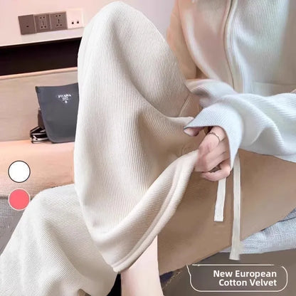 Lamb Velvet Thickened Corduroy Wide Leg Pants Women's Casual Trousers Autumn Winter Fashion plus Size Slimming Polyester Fiber