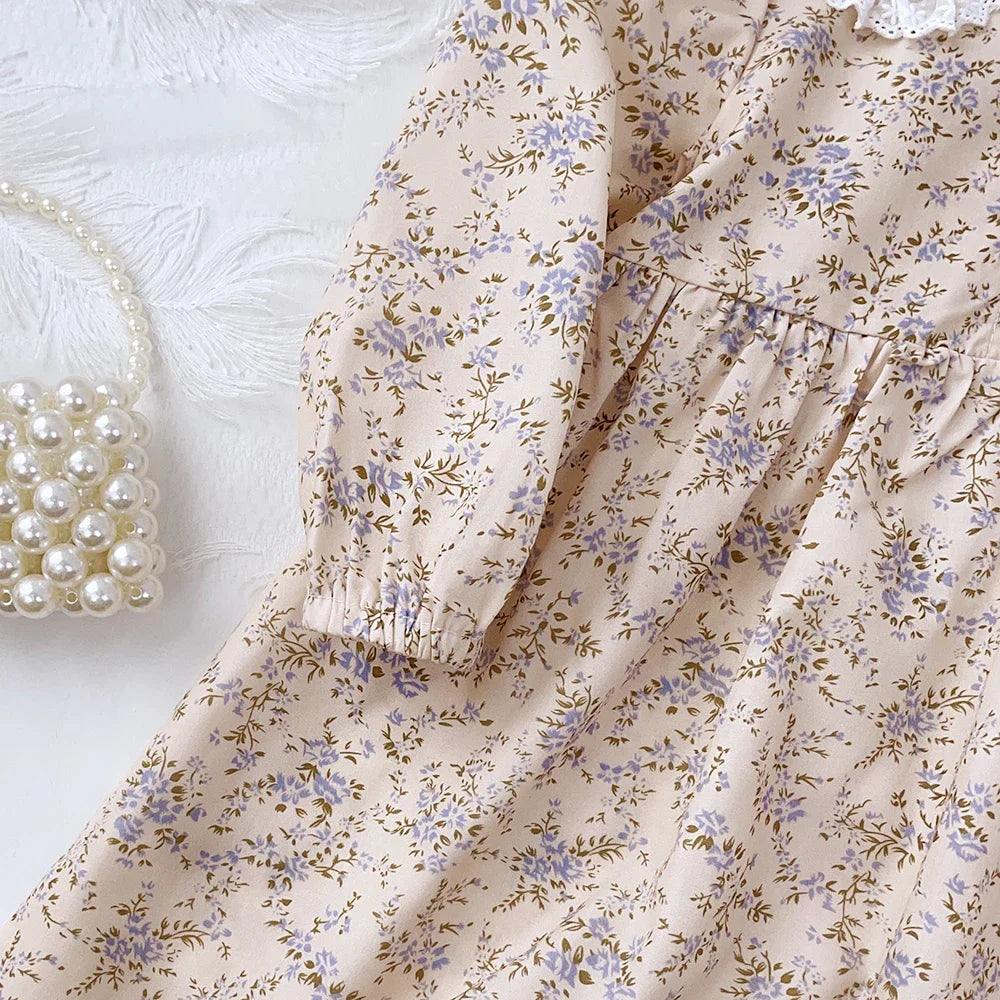 Baby Girls Flower Dresses 3-7 Years Spring Autumn Flower Dresses Lace Turn-down Floral Girl Princess Dress