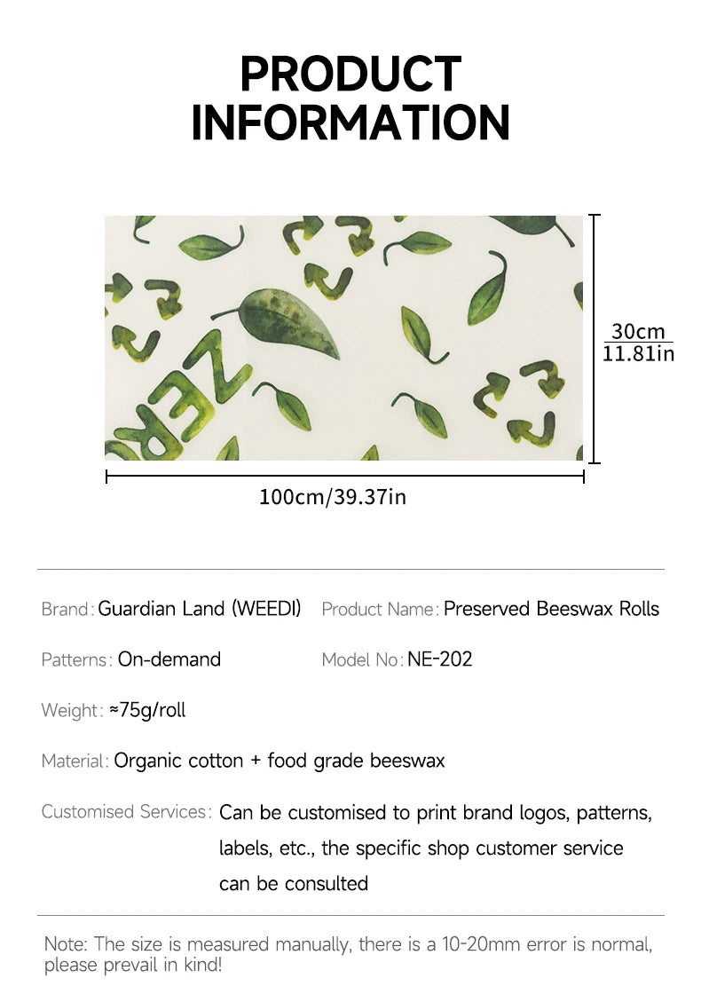 WEEDI Reusable Beeswax Wrap Roll, Eco-Friendly, Wax Paper Roll, Plastic-Free Beeswax Food Wrap for Sandwich, Fruit & Bowl Cover