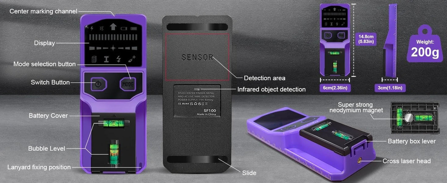 Stud Finder Wall Scanner Stud Detector Center Finder for Wood Metal AC Wire Pipe Detection Electronic Stud with Laser Level LCD