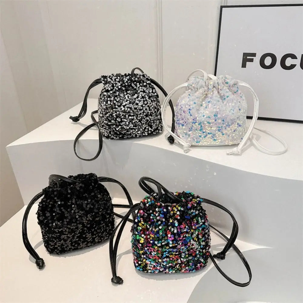 Sequin Shoulder Bag for Girls Shiny Drawstring Crossbody Bag Women Underarm Mini Bucket Bag Phone Purse