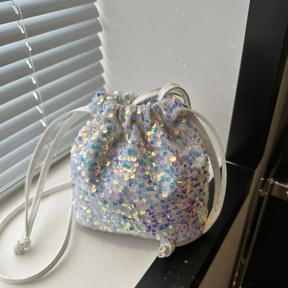 Sequin Shoulder Bag for Girls Shiny Drawstring Crossbody Bag Women Underarm Mini Bucket Bag Phone Purse