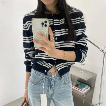 Chic Spring New Classic Color Block Striped round Neck Button up Soft Knitted Open Cardigan for Women Comfortable Casual Style