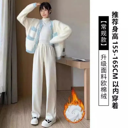 Lamb Velvet Thickened Corduroy Wide Leg Pants Women's Casual Trousers Autumn Winter Fashion plus Size Slimming Polyester Fiber