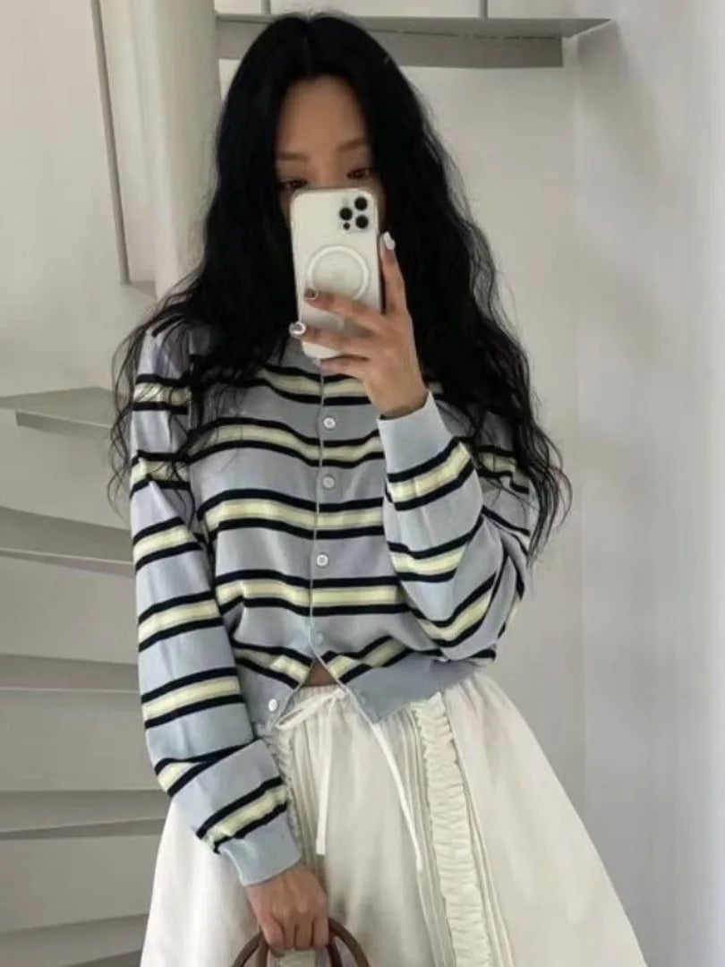 Chic Spring New Classic Color Block Striped round Neck Button up Soft Knitted Open Cardigan for Women Comfortable Casual Style