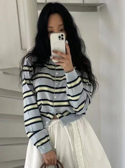 Chic Spring New Classic Color Block Striped round Neck Button up Soft Knitted Open Cardigan for Women Comfortable Casual Style