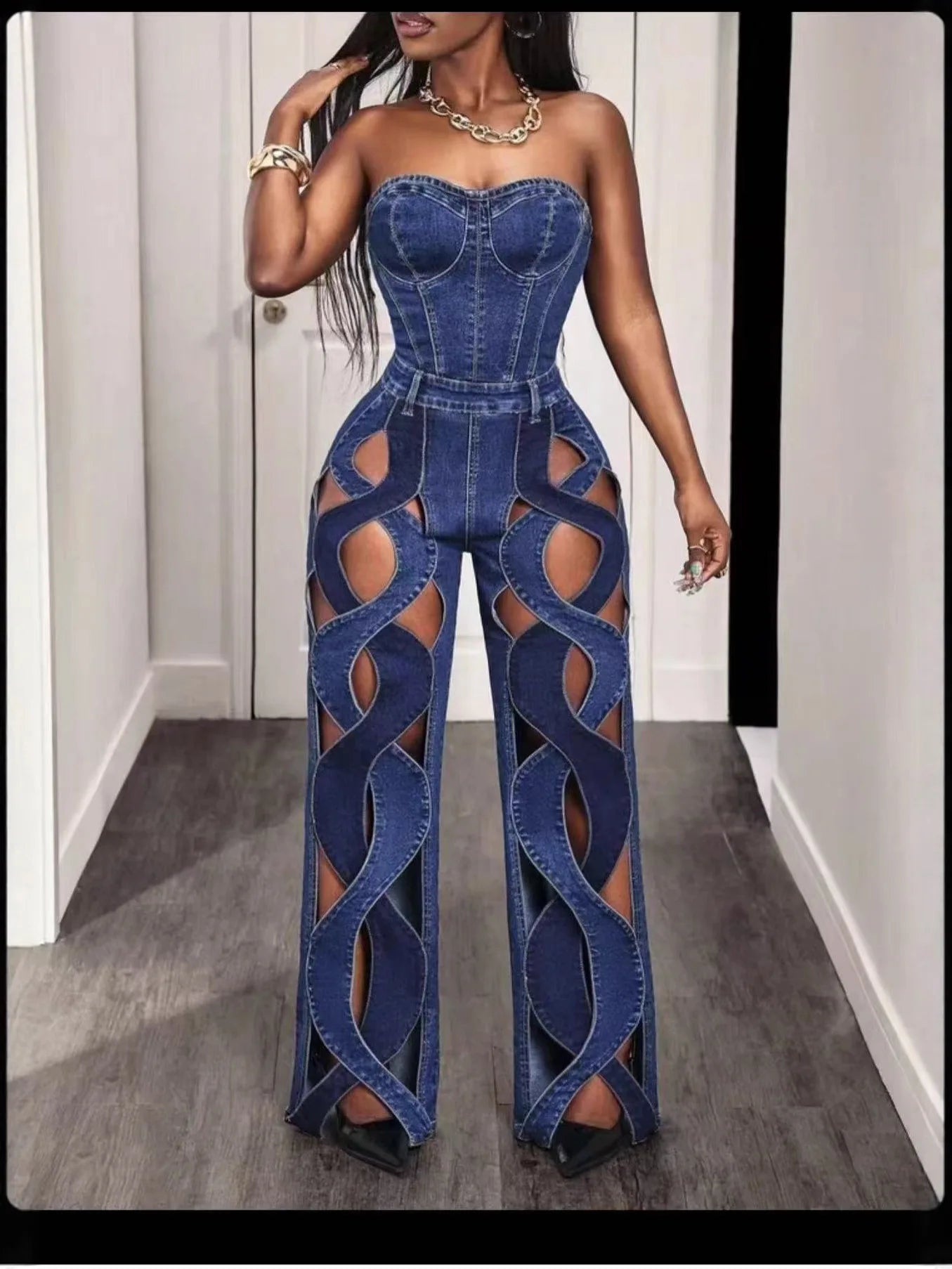 Women Streetwear Vintage Cutout Hollow Out Criss Cross Side Straight Wide Leg Blue Denim Pants 2025 Fashion High Waist Sexy Part