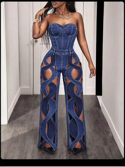 Women Streetwear Vintage Cutout Hollow Out Criss Cross Side Straight Wide Leg Blue Denim Pants 2025 Fashion High Waist Sexy Part