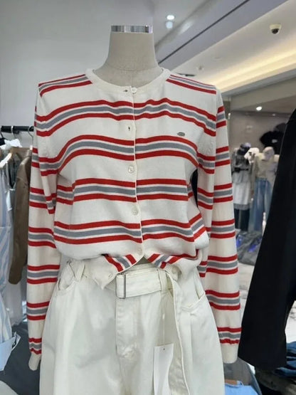 Chic Spring New Classic Color Block Striped round Neck Button up Soft Knitted Open Cardigan for Women Comfortable Casual Style