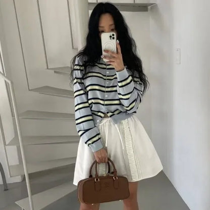 Chic Spring New Classic Color Block Striped round Neck Button up Soft Knitted Open Cardigan for Women Comfortable Casual Style