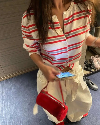 Chic Spring New Classic Color Block Striped round Neck Button up Soft Knitted Open Cardigan for Women Comfortable Casual Style