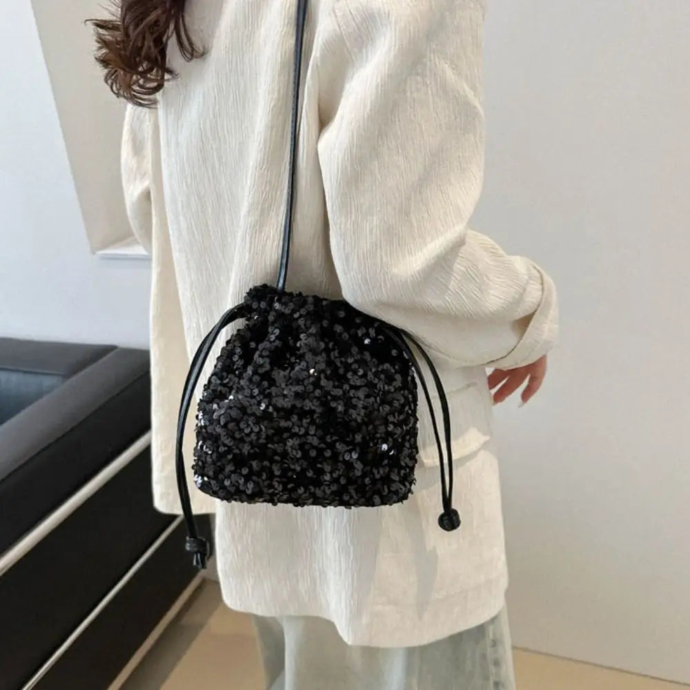 Sequin Shoulder Bag for Girls Shiny Drawstring Crossbody Bag Women Underarm Mini Bucket Bag Phone Purse
