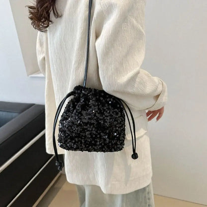 Sequin Shoulder Bag for Girls Shiny Drawstring Crossbody Bag Women Underarm Mini Bucket Bag Phone Purse