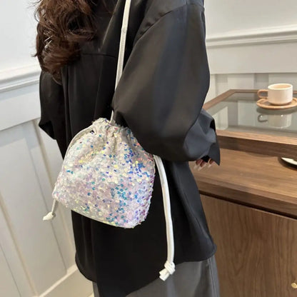 Sequin Shoulder Bag for Girls Shiny Drawstring Crossbody Bag Women Underarm Mini Bucket Bag Phone Purse