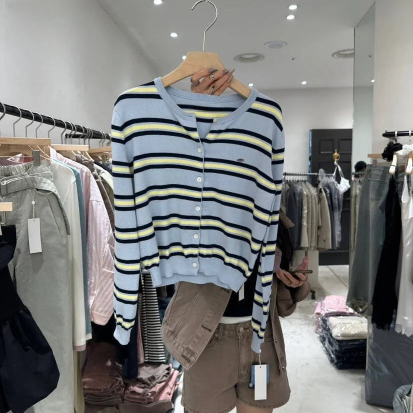 Chic Spring New Classic Color Block Striped round Neck Button up Soft Knitted Open Cardigan for Women Comfortable Casual Style