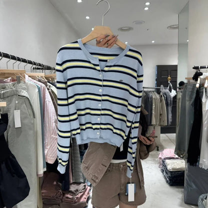 Chic Spring New Classic Color Block Striped round Neck Button up Soft Knitted Open Cardigan for Women Comfortable Casual Style