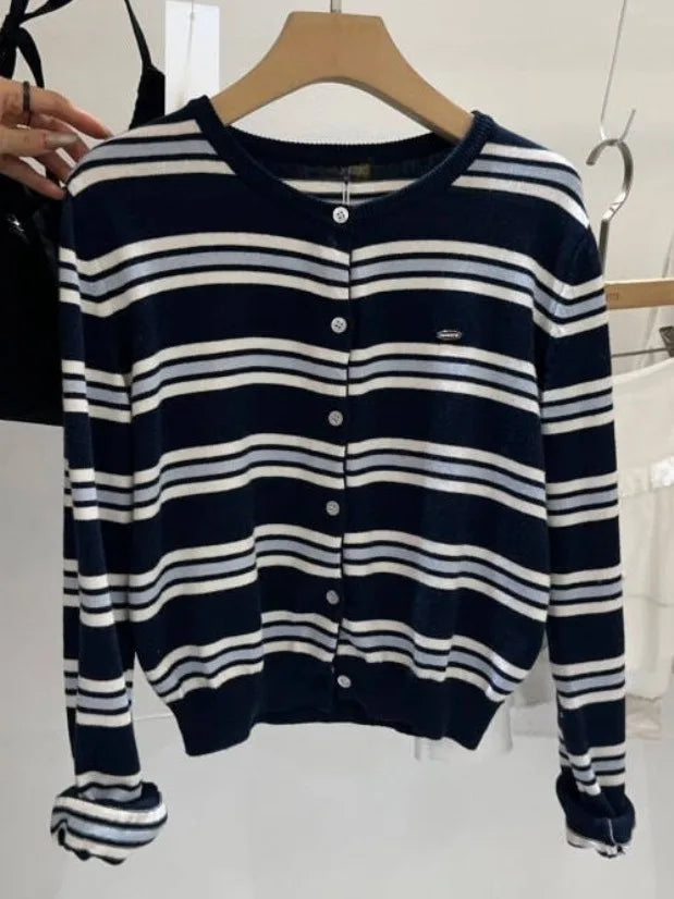 Chic Spring New Classic Color Block Striped round Neck Button up Soft Knitted Open Cardigan for Women Comfortable Casual Style