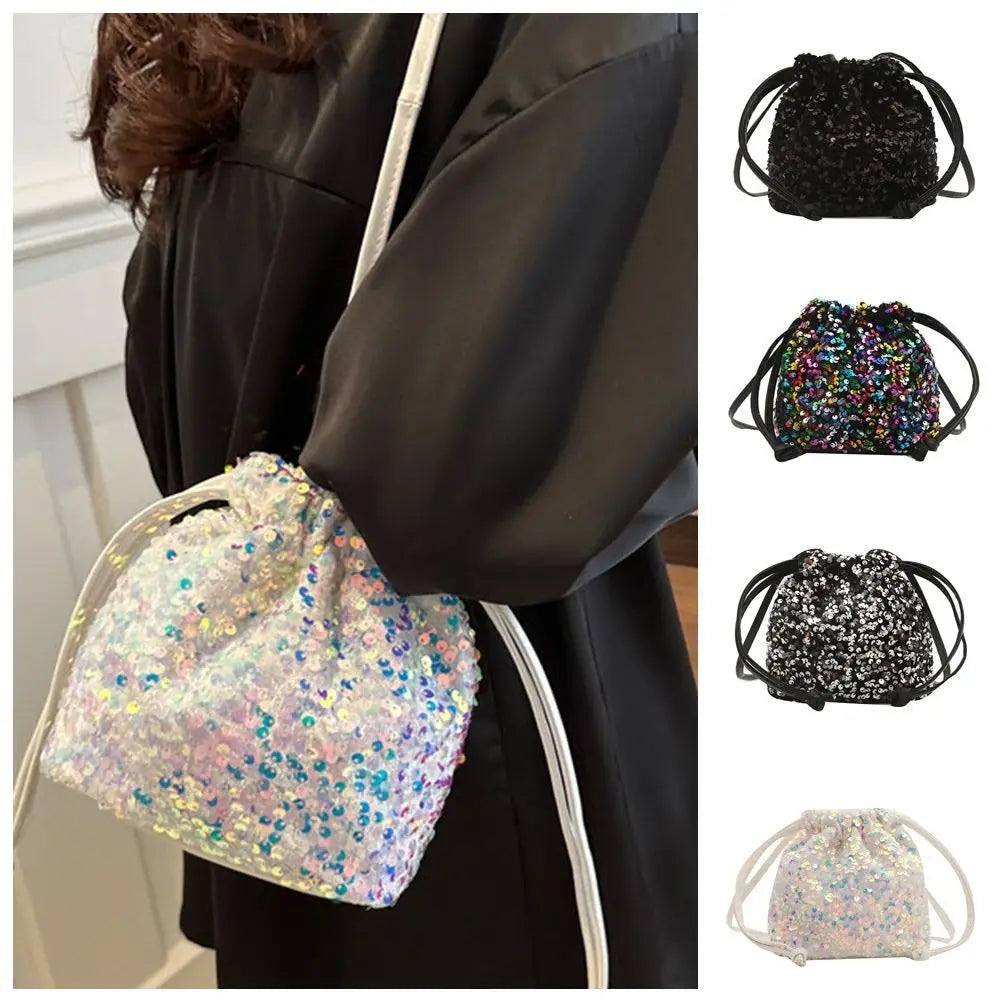 Sequin Shoulder Bag for Girls Shiny Drawstring Crossbody Bag Women Underarm Mini Bucket Bag Phone Purse