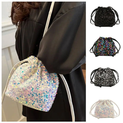 Sequin Shoulder Bag for Girls Shiny Drawstring Crossbody Bag Women Underarm Mini Bucket Bag Phone Purse